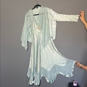 Komarov Light blue Green satin & Chiffon Midi Dress with Jacket